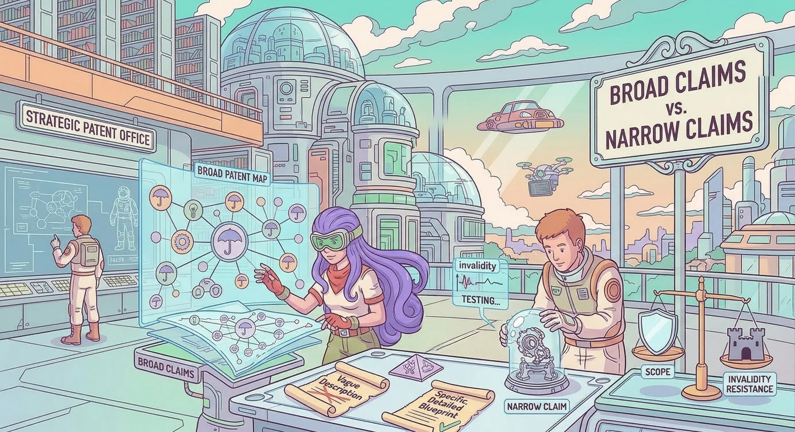 Illustration comparing broad and narrow patent claims